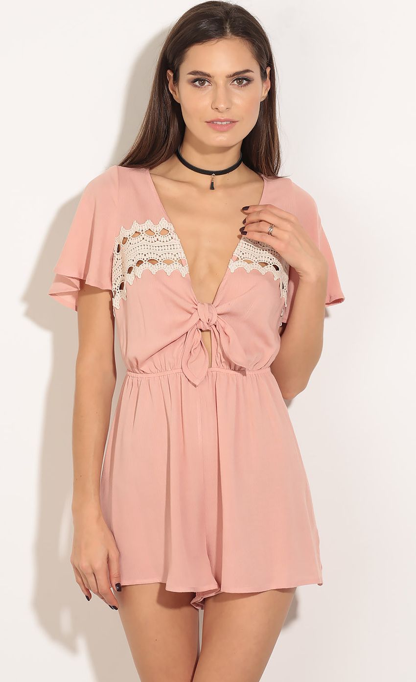 Picture Tie-Up Crochet Detail Romper In Dusty Pink. Source: https://media-img.lucyinthesky.com/data/Apr16_1/850xAUTO/0Y5A4565.JPG