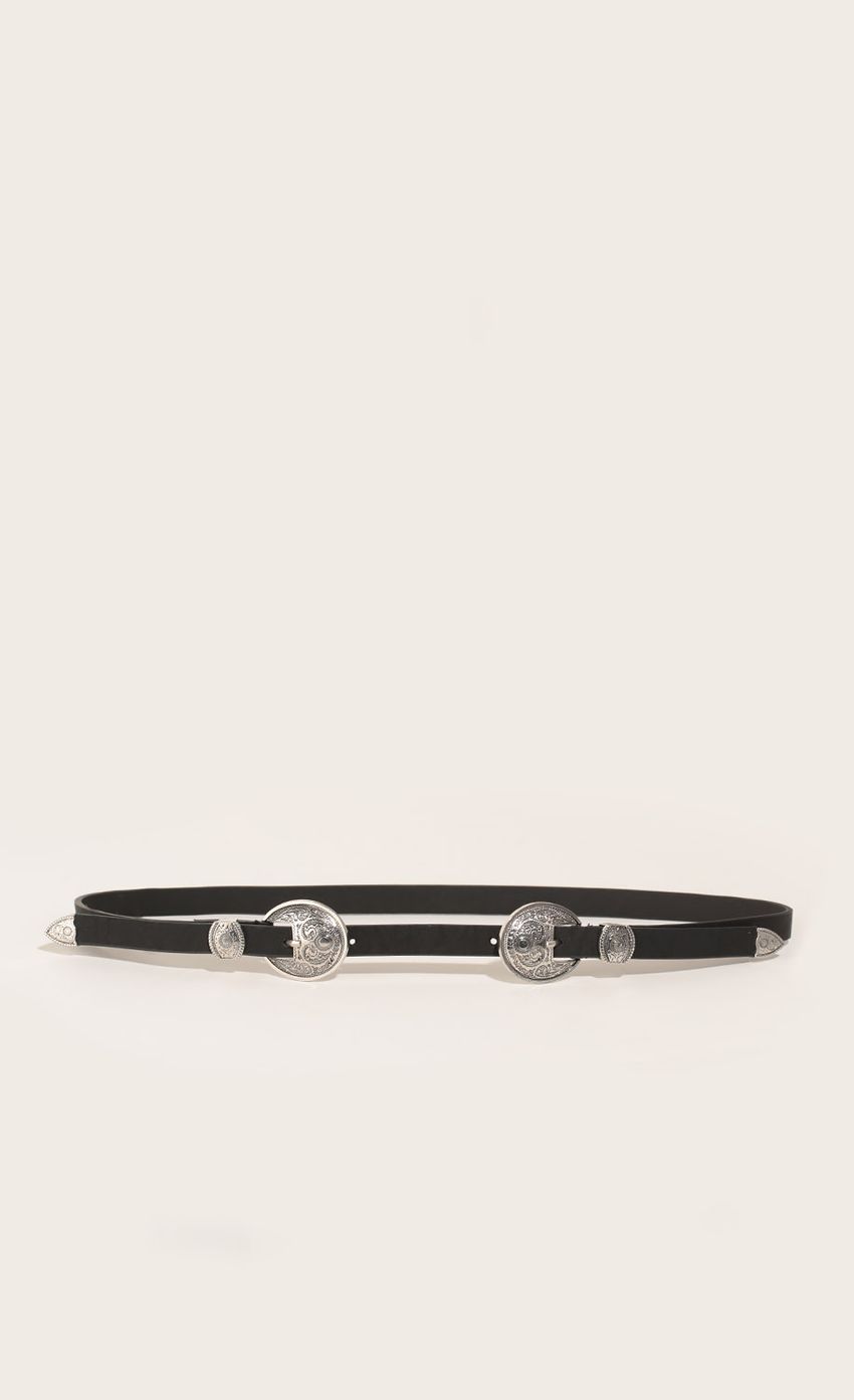 Picture Etched Double Buckle Belt In Black And Silver. Source: https://media-img.lucyinthesky.com/data/Apr16_2/850xAUTO/0Y5A3357.JPG