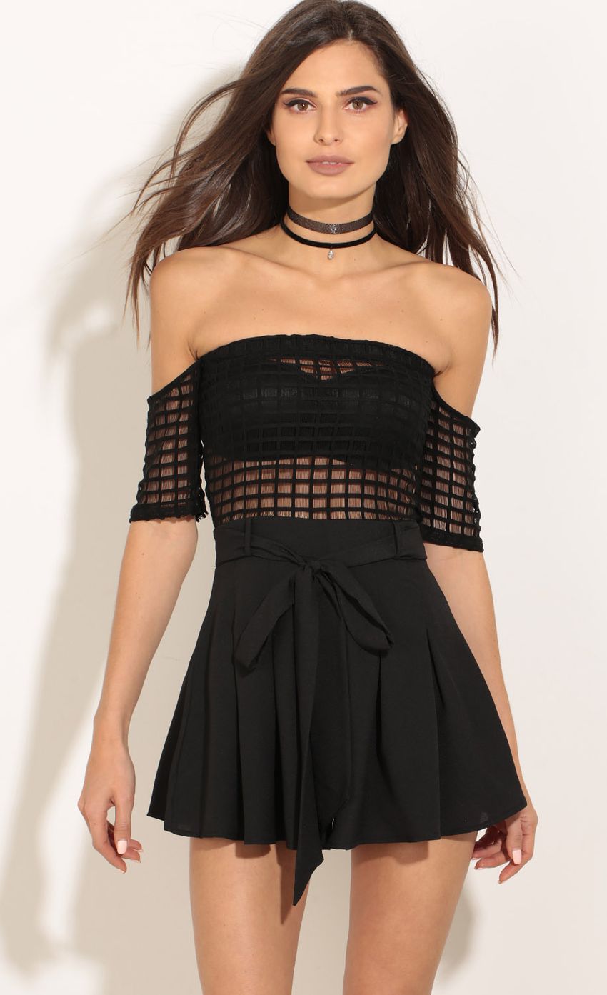 Picture Pleated Grid Romper In Black. Source: https://media-img.lucyinthesky.com/data/Apr17_2/850xAUTO/0Y5A0047.JPG