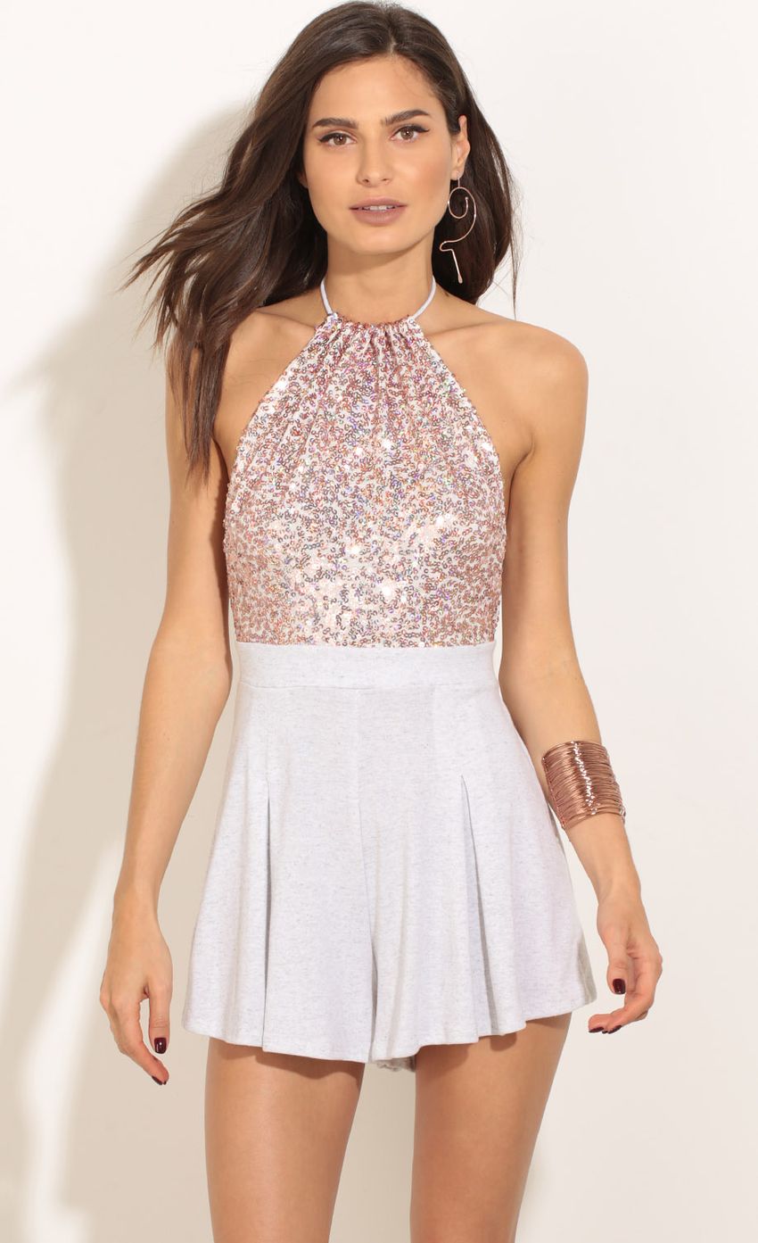 Picture Pleated Sequin Romper In Light Grey. Source: https://media-img.lucyinthesky.com/data/Apr17_2/850xAUTO/0Y5A2188.JPG