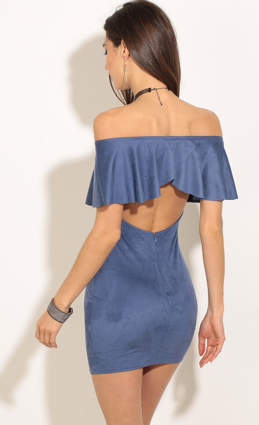 Picture Suede Off The Shoulder Dress In Blue. Source: https://media-img.lucyinthesky.com/data/Apr17_2/850xAUTO/0Y5A9739.JPG