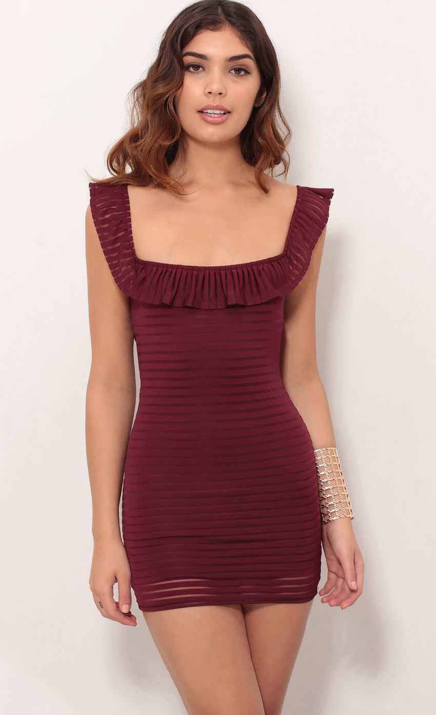 Picture Rumi Ruffle Dress In Burgundy. Source: https://media-img.lucyinthesky.com/data/Apr18_2/850xAUTO/0Y5A6441.JPG