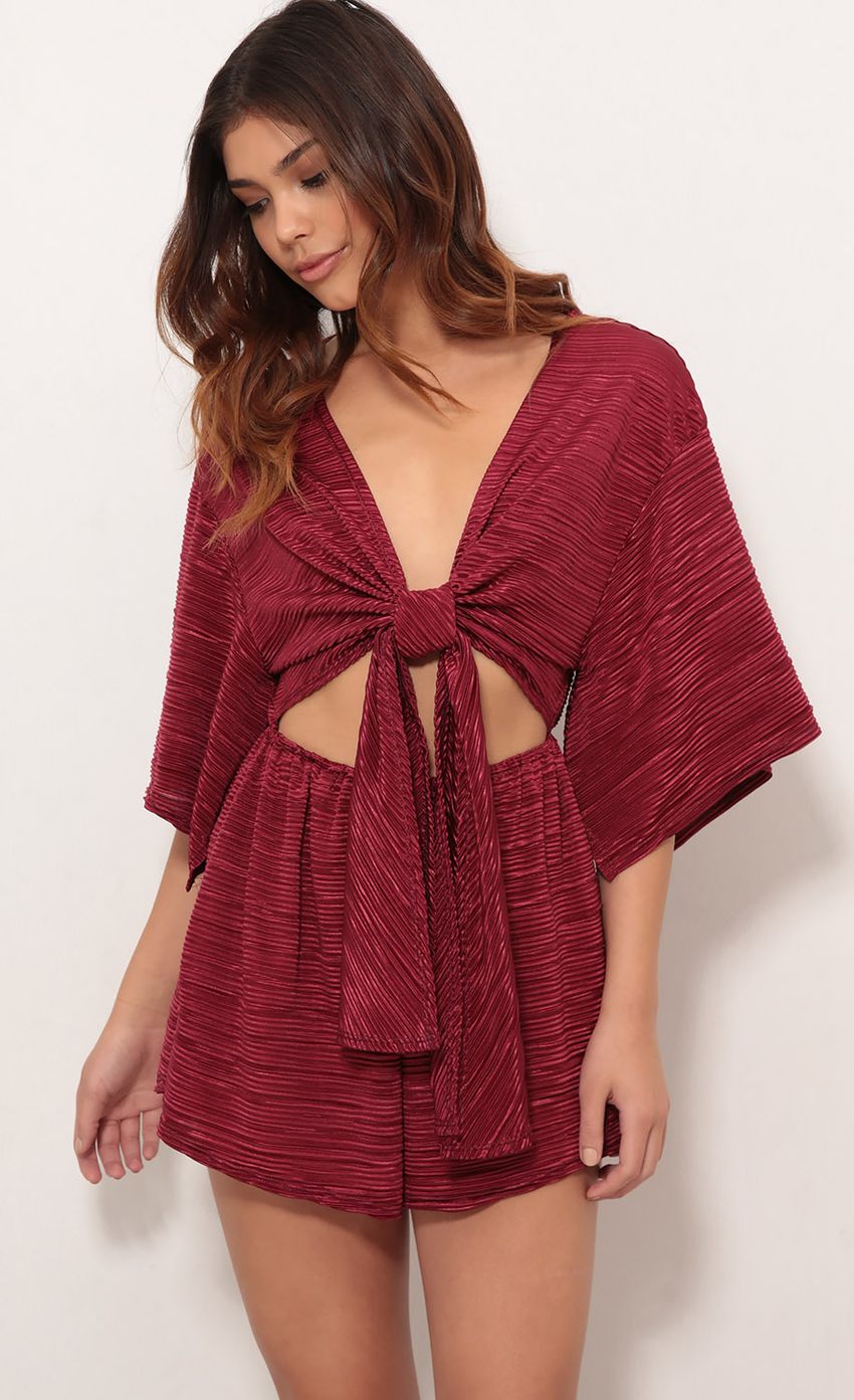 Picture Sunkiss Front Tie Romper In Burgundy. Source: https://media-img.lucyinthesky.com/data/Apr18_2/850xAUTO/0Y5A9592.JPG
