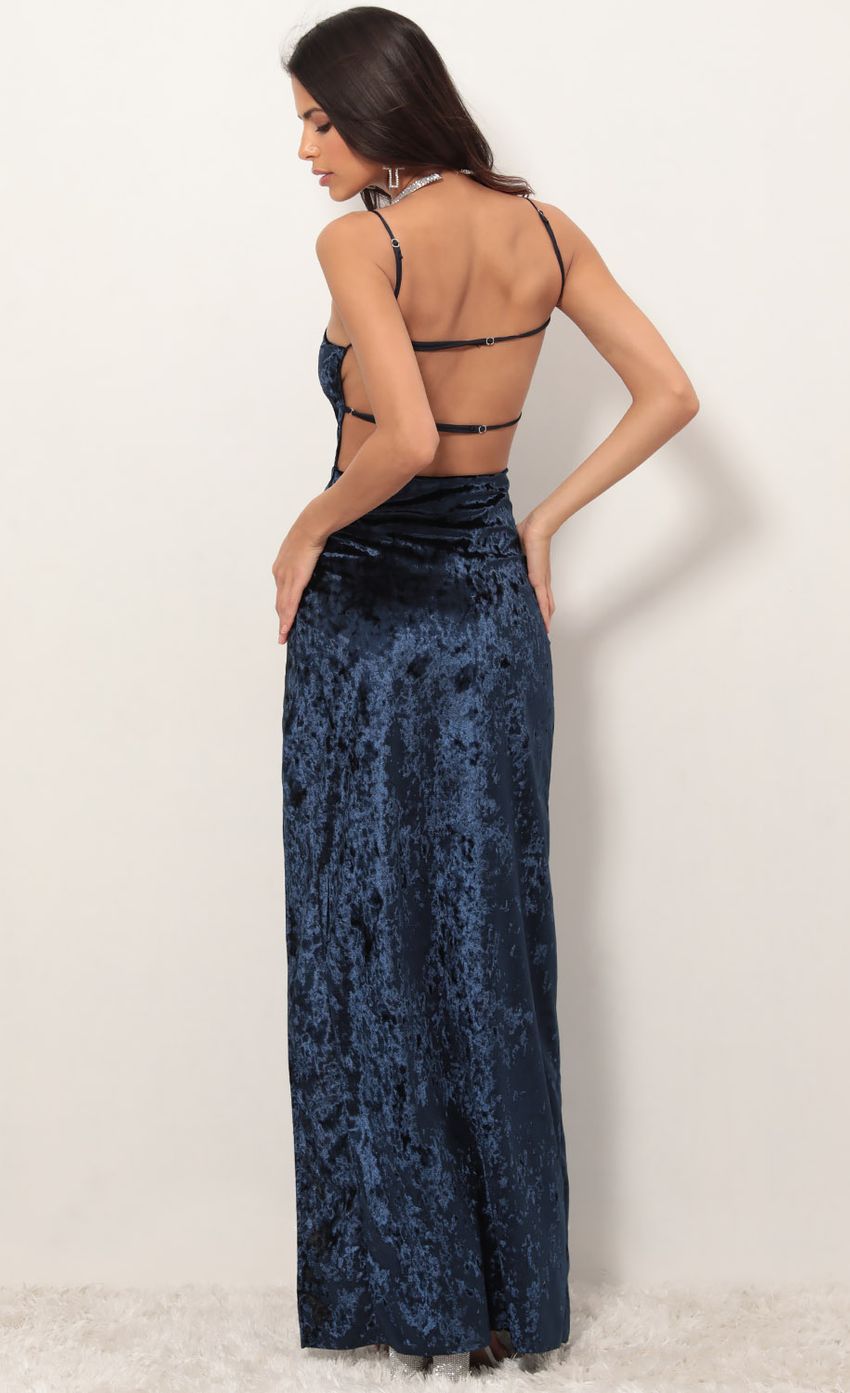Picture Crushed Velvet Maxi in Navy. Source: https://media-img.lucyinthesky.com/data/Apr19_1/850xAUTO/781A0971.JPG