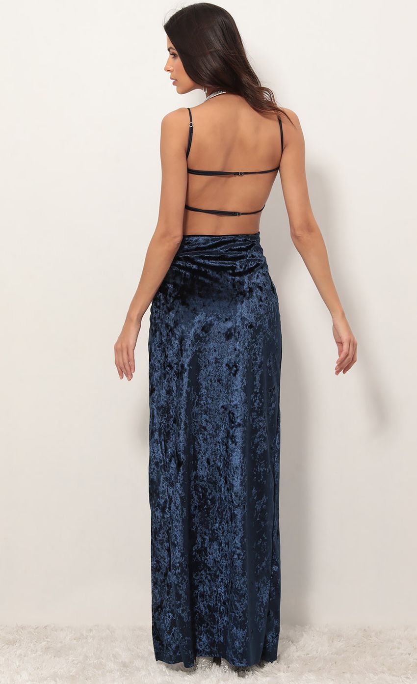 Picture Crushed Velvet Maxi in Navy. Source: https://media-img.lucyinthesky.com/data/Apr19_1/850xAUTO/781A0983.JPG
