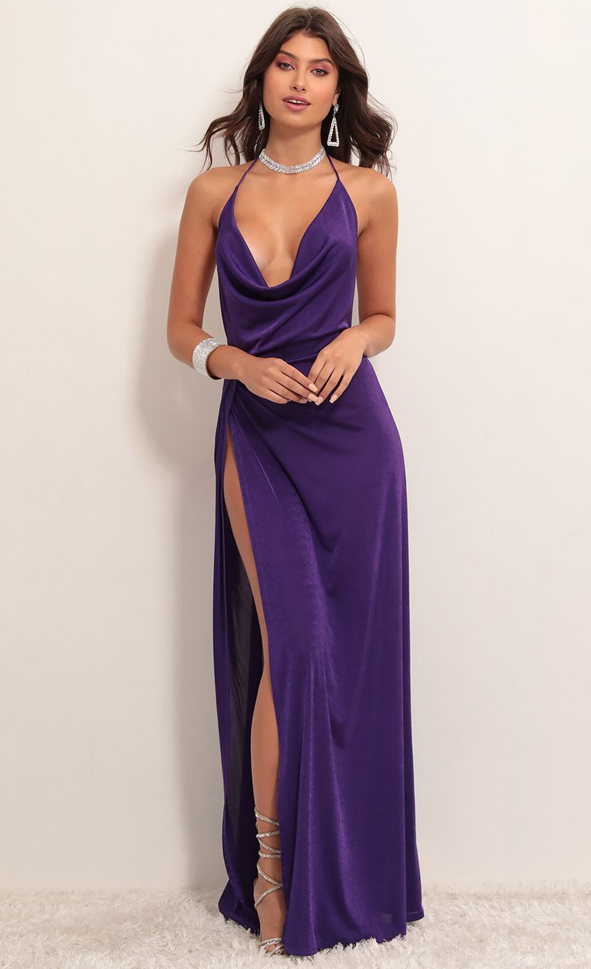 Picture Kaira Cowl Neck Maxi Dress in Violet. Source: https://media-img.lucyinthesky.com/data/Apr19_2/850xAUTO/781A3433.JPG
