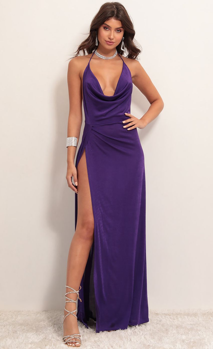Picture Kaira Cowl Neck Maxi Dress in Violet. Source: https://media-img.lucyinthesky.com/data/Apr19_2/850xAUTO/781A3436.JPG