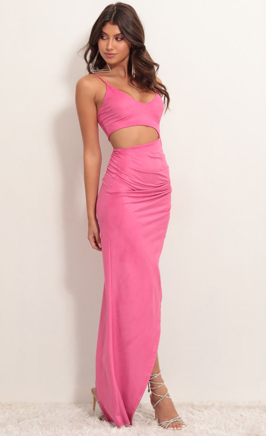 Picture Suede Cutout Maxi Dress in Pink. Source: https://media-img.lucyinthesky.com/data/Apr19_2/850xAUTO/781A3894.JPG