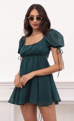 Picture Leilani Dotted Chiffon Baby Doll Dress in Hunter Green. Source: https://media-img.lucyinthesky.com/data/Apr21_1/150xAUTO/1V9A2369.JPG