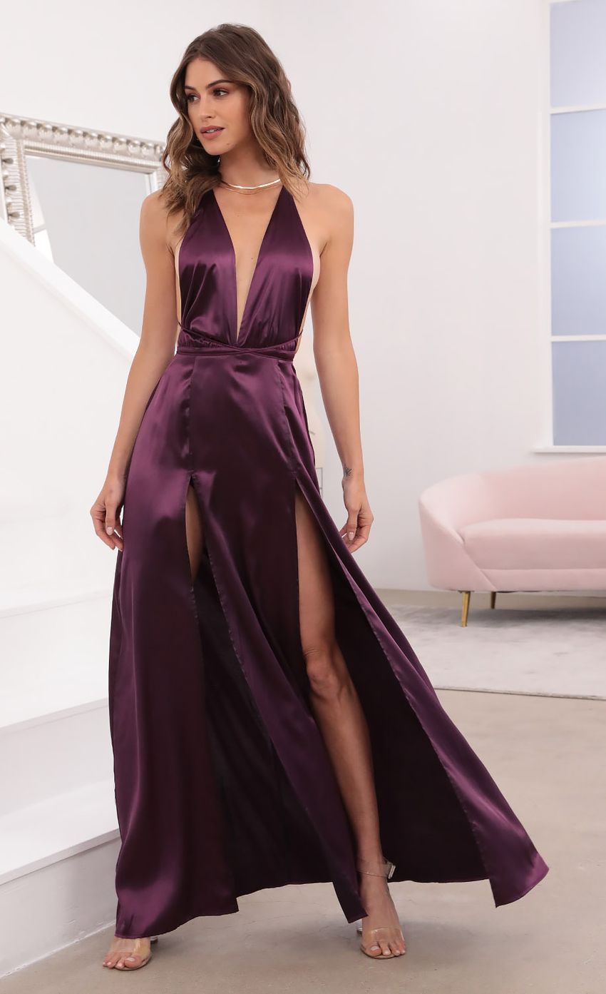 Picture Flashing Lights Maxi Dress in Purple Satin. Source: https://media-img.lucyinthesky.com/data/Apr21_1/850xAUTO/1V9A1409.JPG