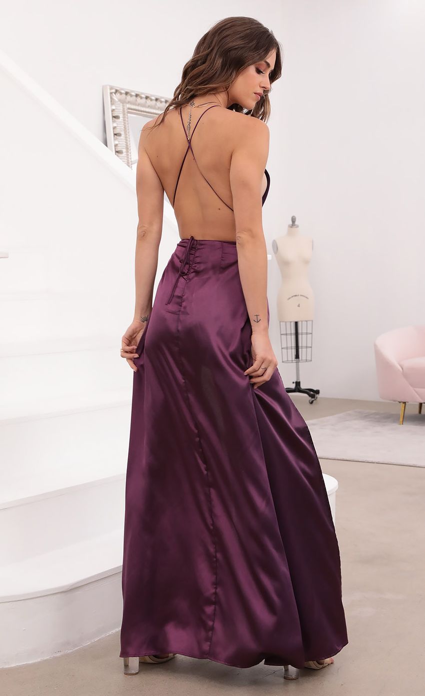 Picture Flashing Lights Maxi Dress in Purple Satin. Source: https://media-img.lucyinthesky.com/data/Apr21_1/850xAUTO/1V9A1454.JPG