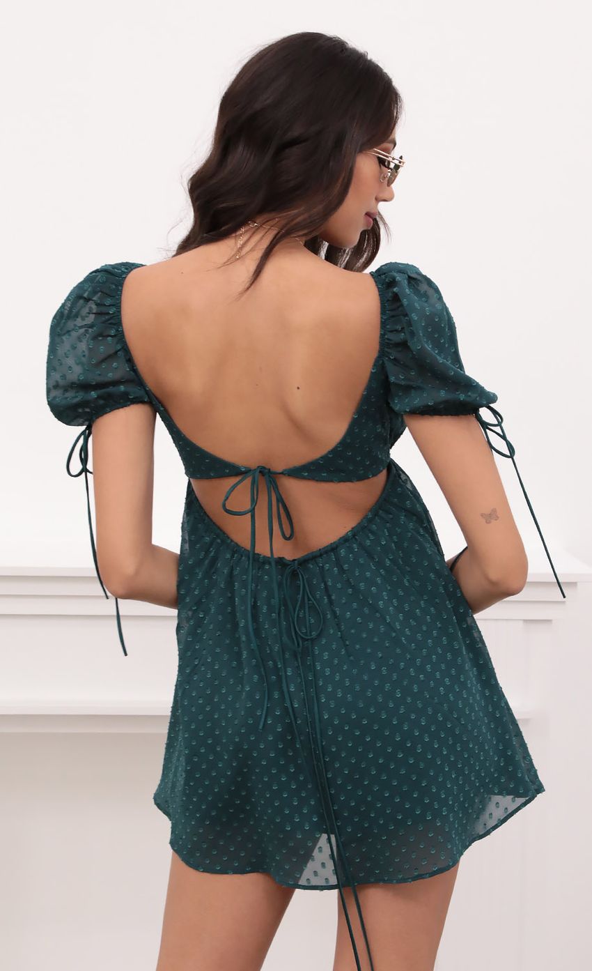 Picture Leilani Dotted Chiffon Baby Doll Dress in Hunter Green. Source: https://media-img.lucyinthesky.com/data/Apr21_1/850xAUTO/1V9A2333.JPG