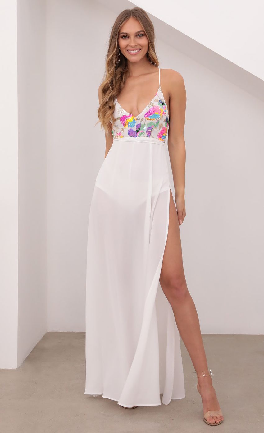 Picture Multicolor Sequin Maxi Dress in White. Source: https://media-img.lucyinthesky.com/data/Apr21_1/850xAUTO/1V9A2909.JPG
