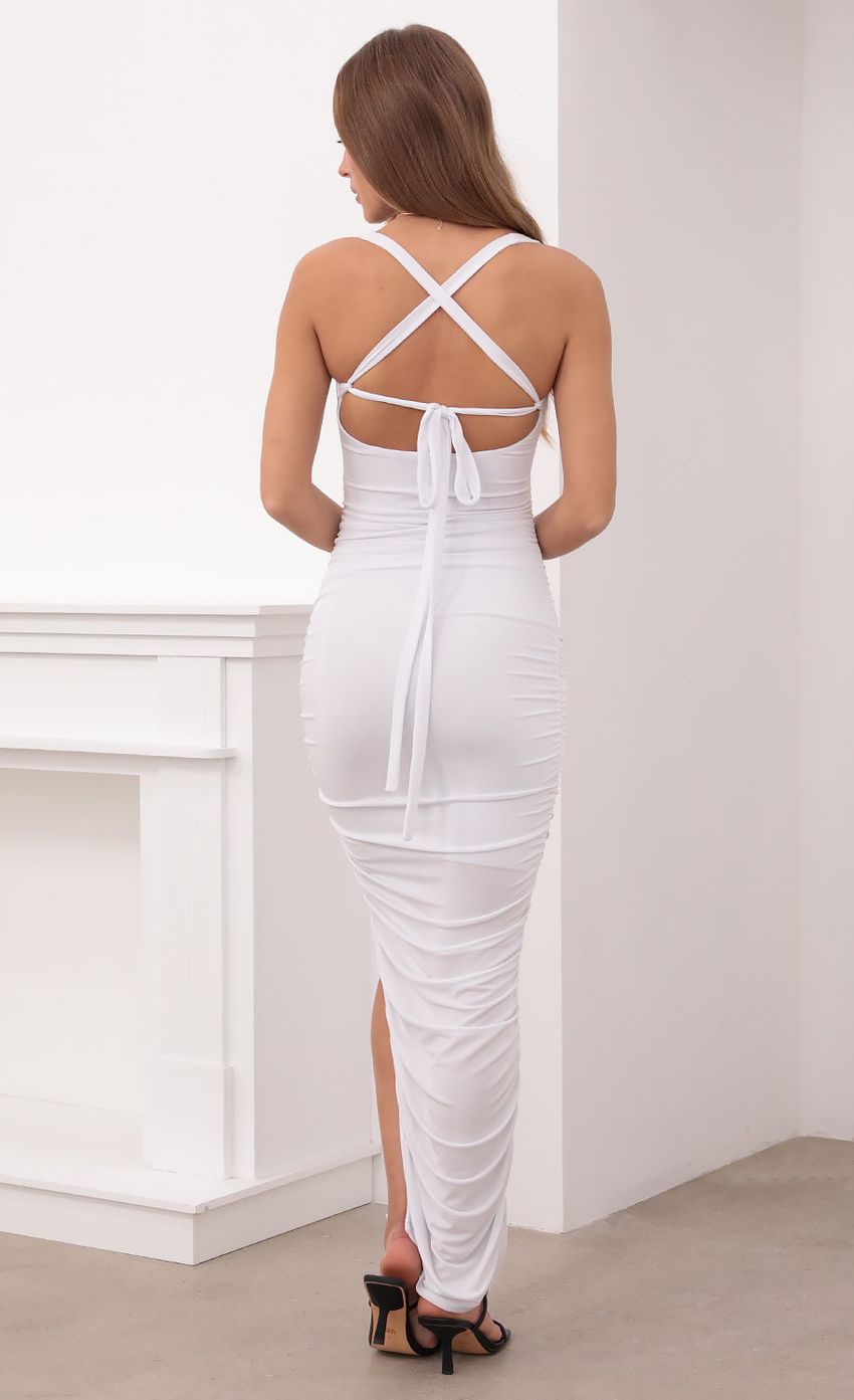 Picture Ruched Cutout Maxi in White. Source: https://media-img.lucyinthesky.com/data/Apr21_1/850xAUTO/1V9A5986.JPG