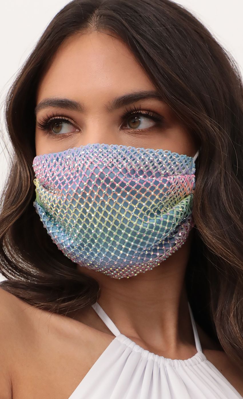 Picture Rhinestone Rainbow Mesh Mask Cover. Source: https://media-img.lucyinthesky.com/data/Apr21_1/850xAUTO/AT2A9106.JPG