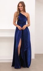 Picture One Shoulder Pleated Klein Blue Dress. Source: https://media-img.lucyinthesky.com/data/Apr21_2/150xAUTO/1V9A4282.JPG
