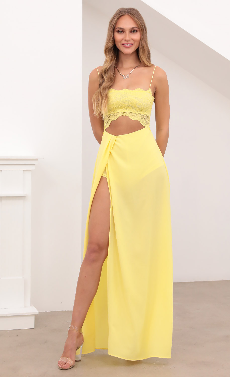 Cutout Maxi Dress in Yellow Lace