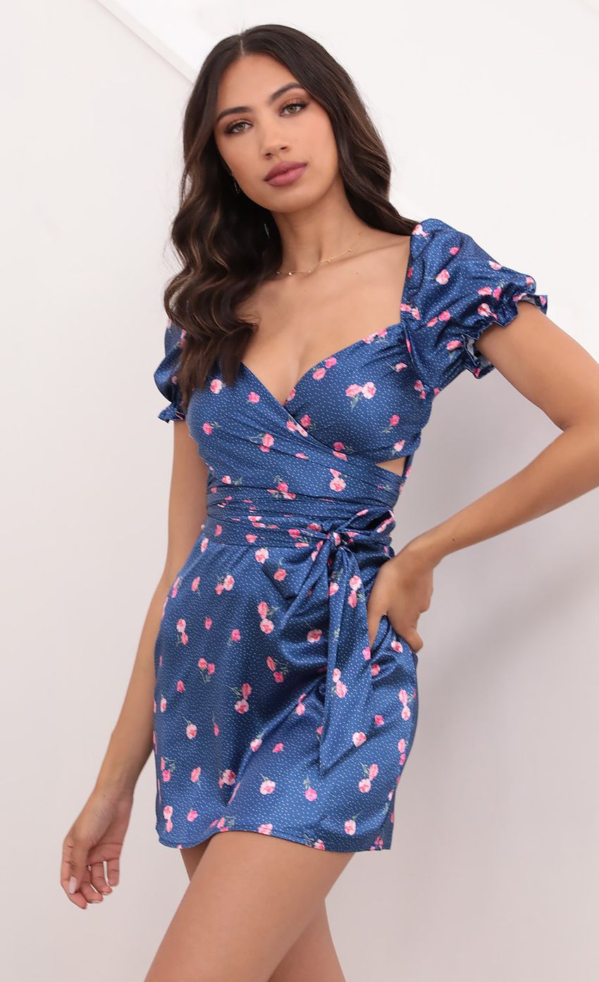 Picture Puff Sleeve Satin Wrap Dress in Blue Floral. Source: https://media-img.lucyinthesky.com/data/Apr21_2/850xAUTO/1V9A2147.JPG
