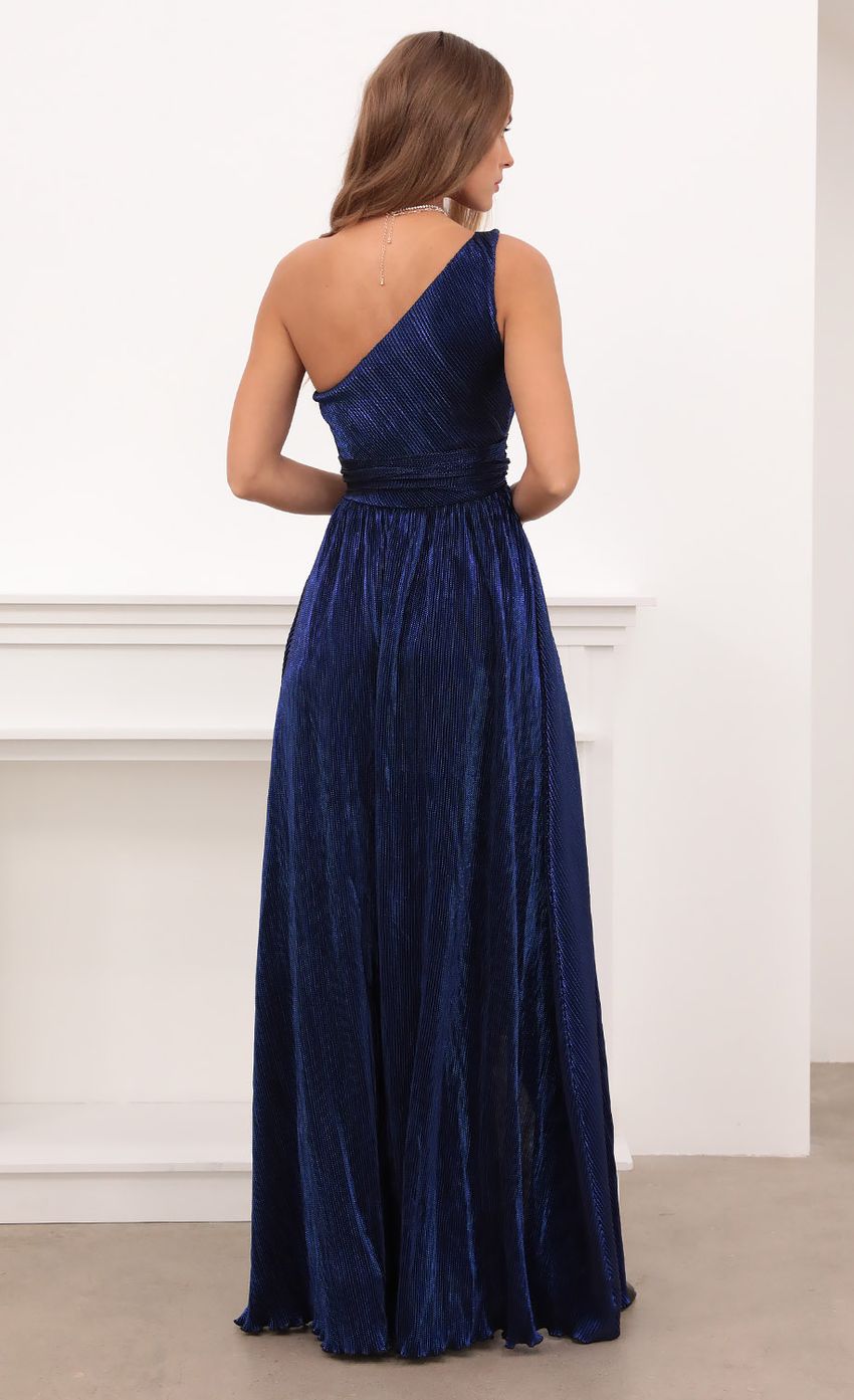 Picture One Shoulder Pleated Klein Blue Dress. Source: https://media-img.lucyinthesky.com/data/Apr21_2/850xAUTO/1V9A4346.JPG