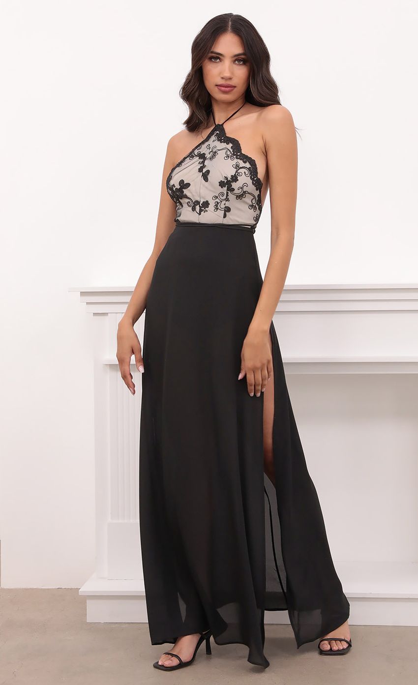Picture Coralynn Halter Lace Dress in Black. Source: https://media-img.lucyinthesky.com/data/Apr21_2/850xAUTO/1V9A8526.JPG