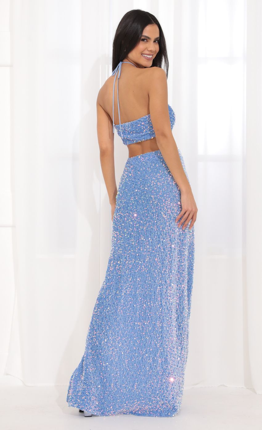 Picture Halter Sequin Maxi Dress in Blue. Source: https://media-img.lucyinthesky.com/data/Apr22_1/850xAUTO/1V9A2759.JPG