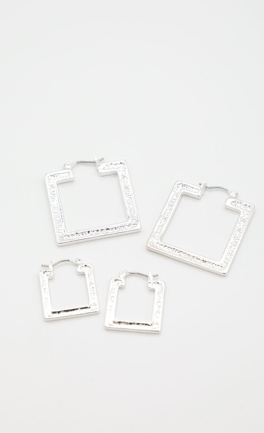 Picture For The Gold Square Hoop Earring Set in Silver. Source: https://media-img.lucyinthesky.com/data/Apr22_2/850xAUTO/1J7A2038.JPG