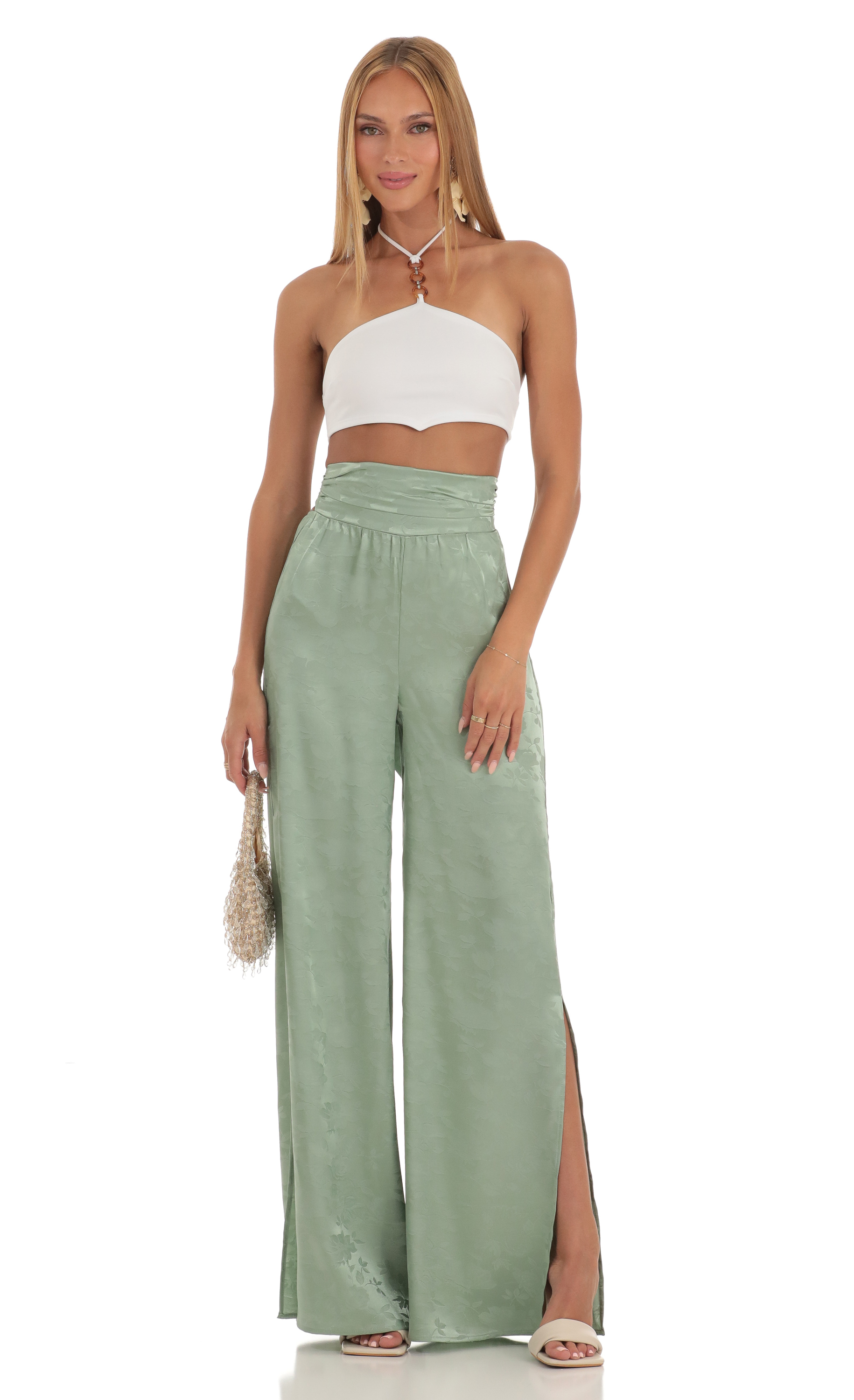 Floral Jacquard Wide Leg Pants in Green