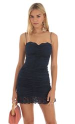Picture Lace Ruched Dress in Navy. Source: https://media-img.lucyinthesky.com/data/Apr23/150xAUTO/0ab133a4-cad0-4b39-af1c-c351aa1c1be4.jpg