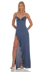 Picture Velvet Ruffle Maxi Dress in Blue. Source: https://media-img.lucyinthesky.com/data/Apr23/150xAUTO/15dda66e-636c-437d-a905-645a68554e75.jpg