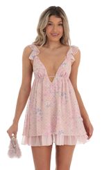 Picture Yuki Floral Dotted Chiffon Flare Dress in Pink. Source: https://media-img.lucyinthesky.com/data/Apr23/150xAUTO/e949beb8-d19e-4161-994d-14432f1b083e.jpg