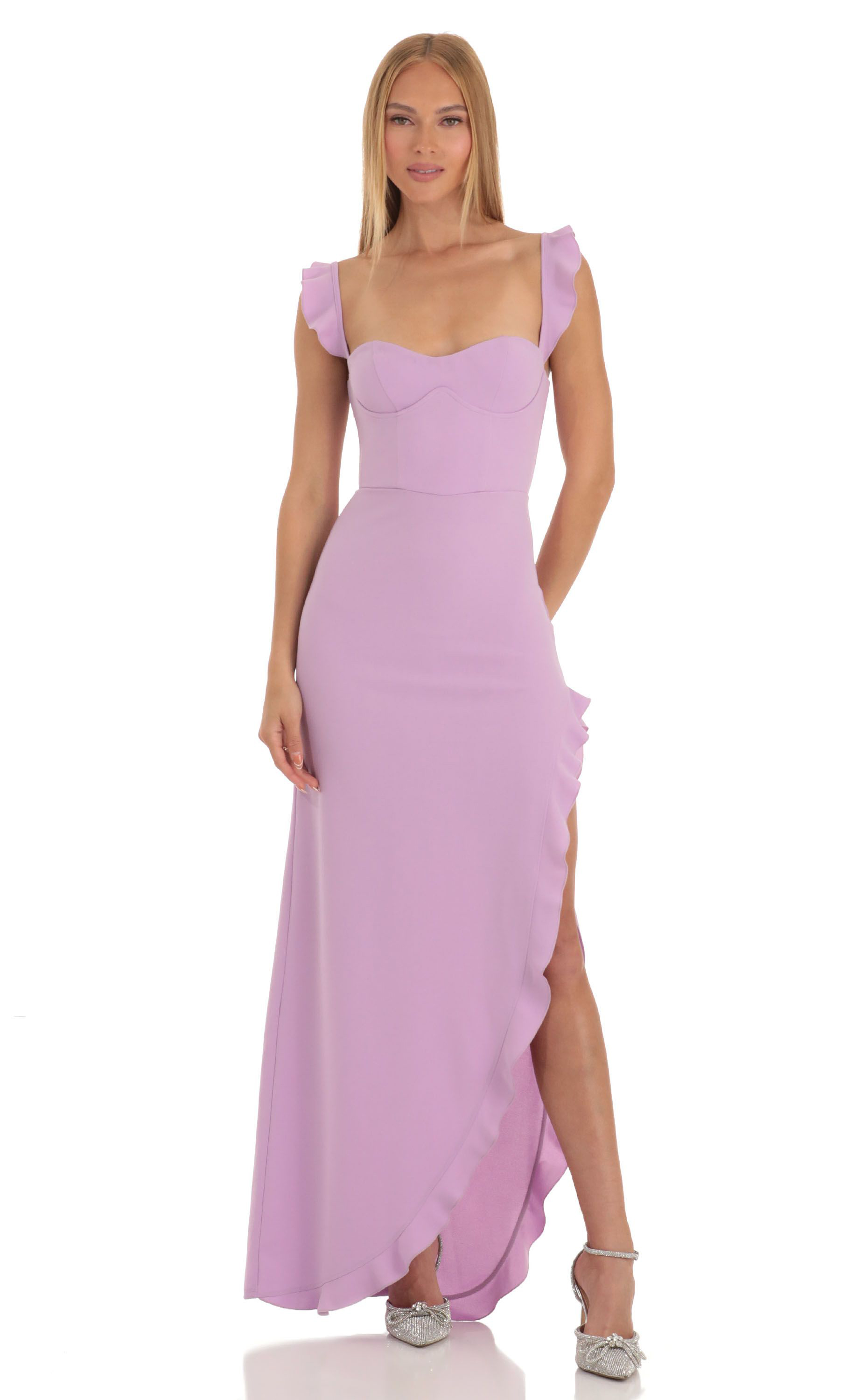 Venus Satin Ruffle Dress in Lavender