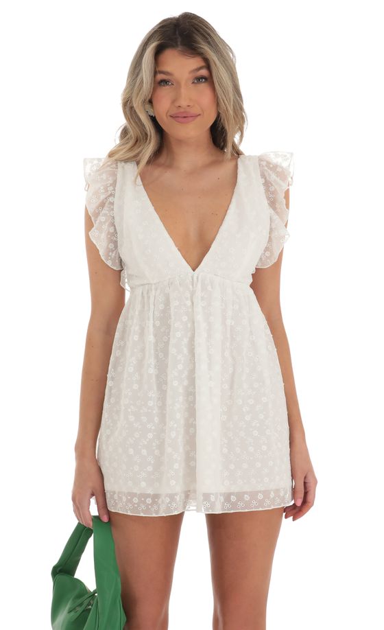 Chiffon Embroidered Baby Doll Dress in White