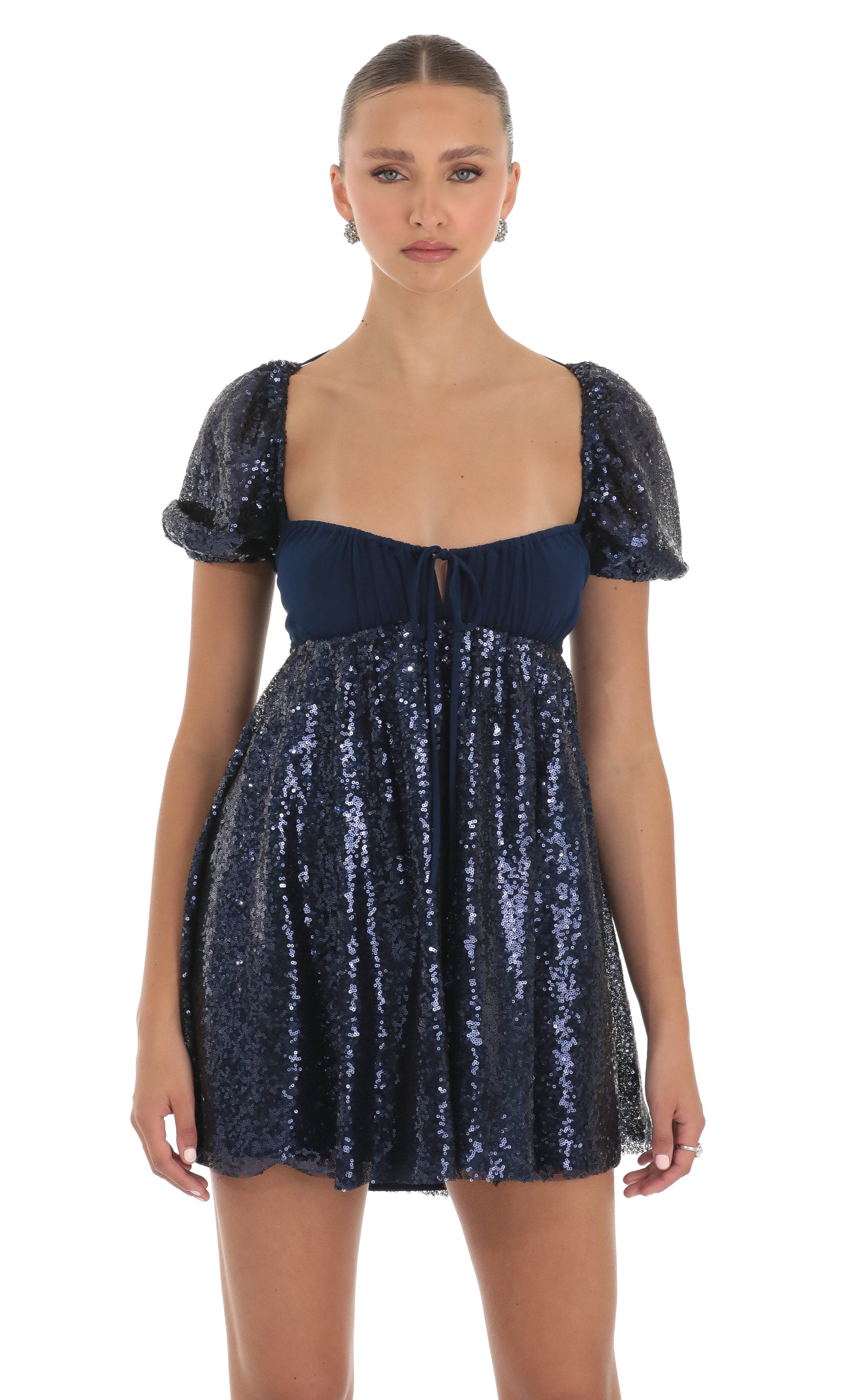 Sequin Puff Sleeve Baby Doll Dress in Navy
