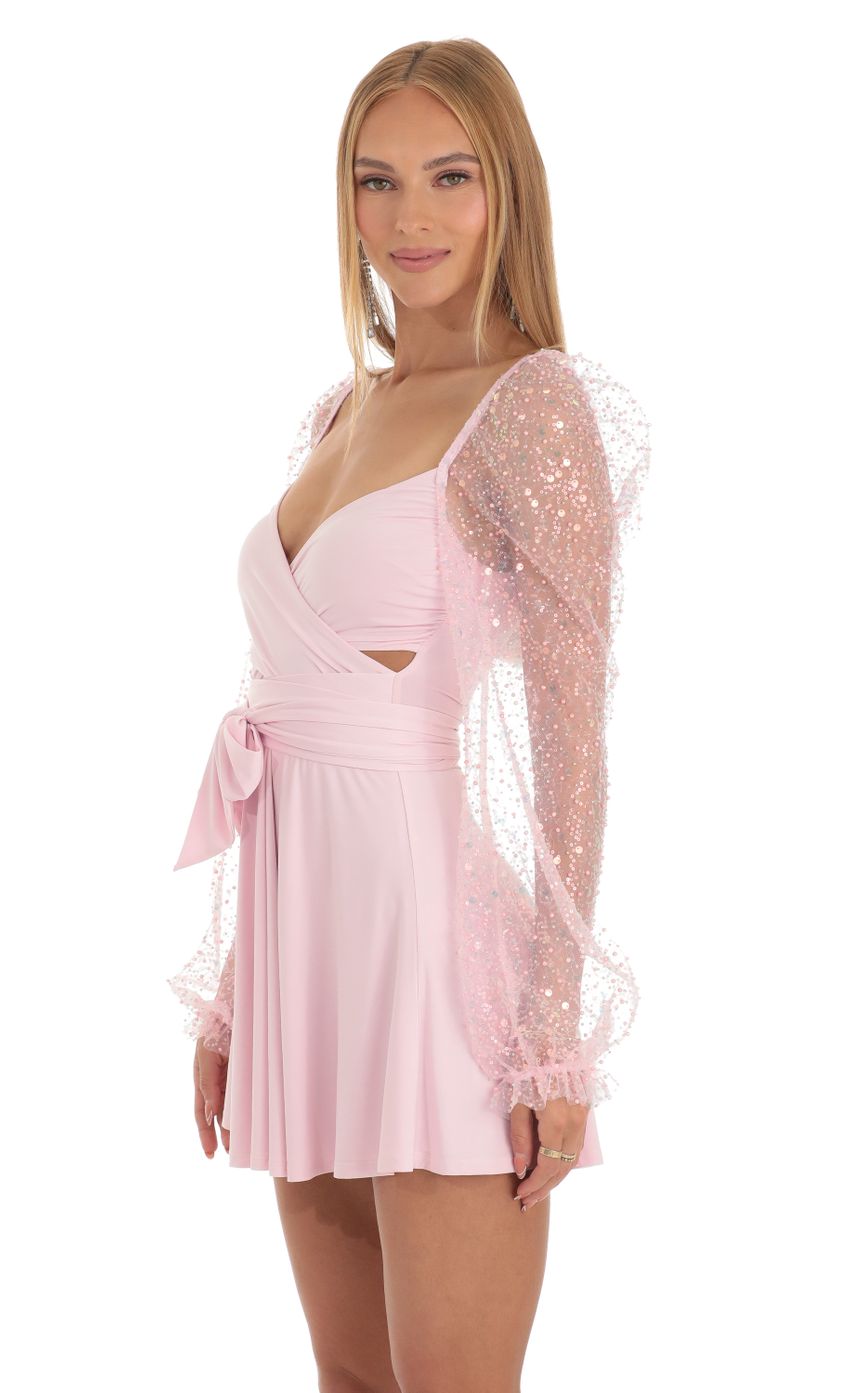 Picture Sequin Puff Wrap Dress in Pink. Source: https://media-img.lucyinthesky.com/data/Apr23/850xAUTO/1163dfa4-6d8c-421e-8a61-aff0182c8b76.jpg