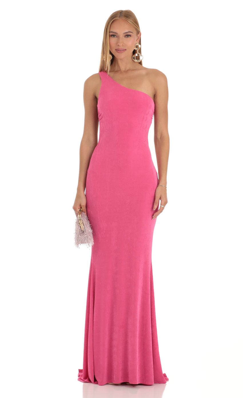 Picture One Shoulder Maxi Dress in Pink. Source: https://media-img.lucyinthesky.com/data/Apr23/850xAUTO/401df8e4-9f95-4aeb-aa05-1b284f816d8e.jpg