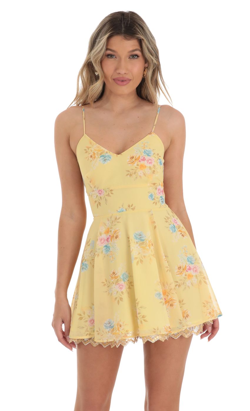Picture Floral Chiffon Fit and Flare Dress in Yellow. Source: https://media-img.lucyinthesky.com/data/Apr23/850xAUTO/630e796a-658d-43e6-9682-739882926a37.jpg