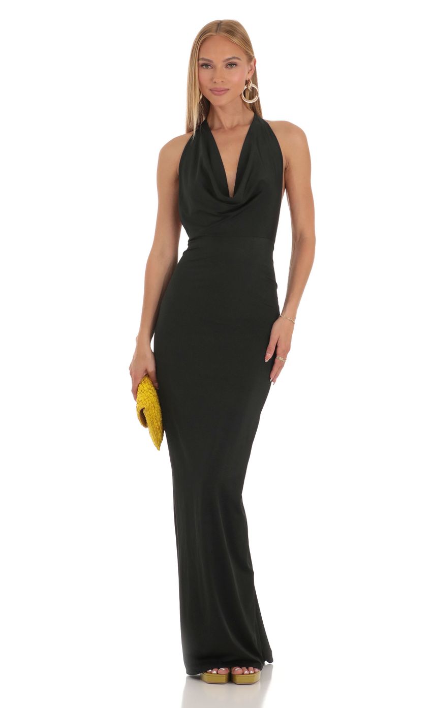 Picture Gathered Back Halter BodyCon Maxi Dress in Black. Source: https://media-img.lucyinthesky.com/data/Apr23/850xAUTO/6c20322e-6852-4989-bc0a-ff90d57d6e34.jpg