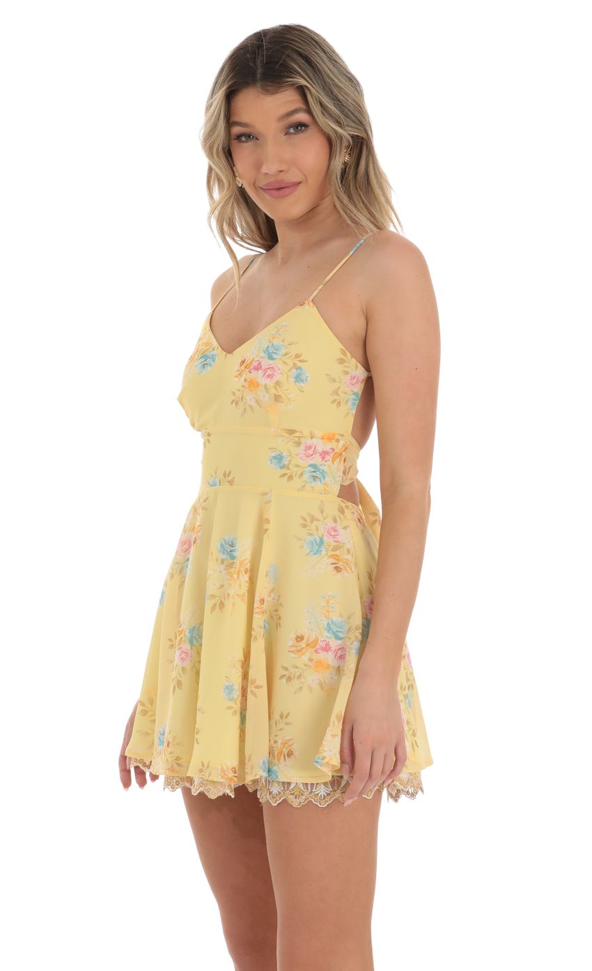 Picture Floral Chiffon Fit and Flare Dress in Yellow. Source: https://media-img.lucyinthesky.com/data/Apr23/850xAUTO/72fae52d-24c6-4a35-83f6-f921da501d65.jpg