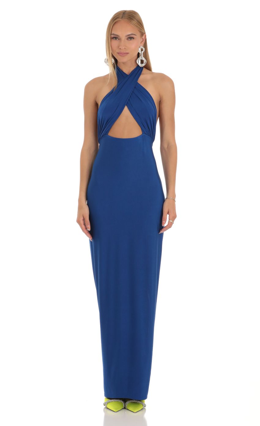 Picture Front Cross Halter Maxi Dress in Blue. Source: https://media-img.lucyinthesky.com/data/Apr23/850xAUTO/8652fe03-ffbc-41f2-a6f9-39d4feef73ad.jpg