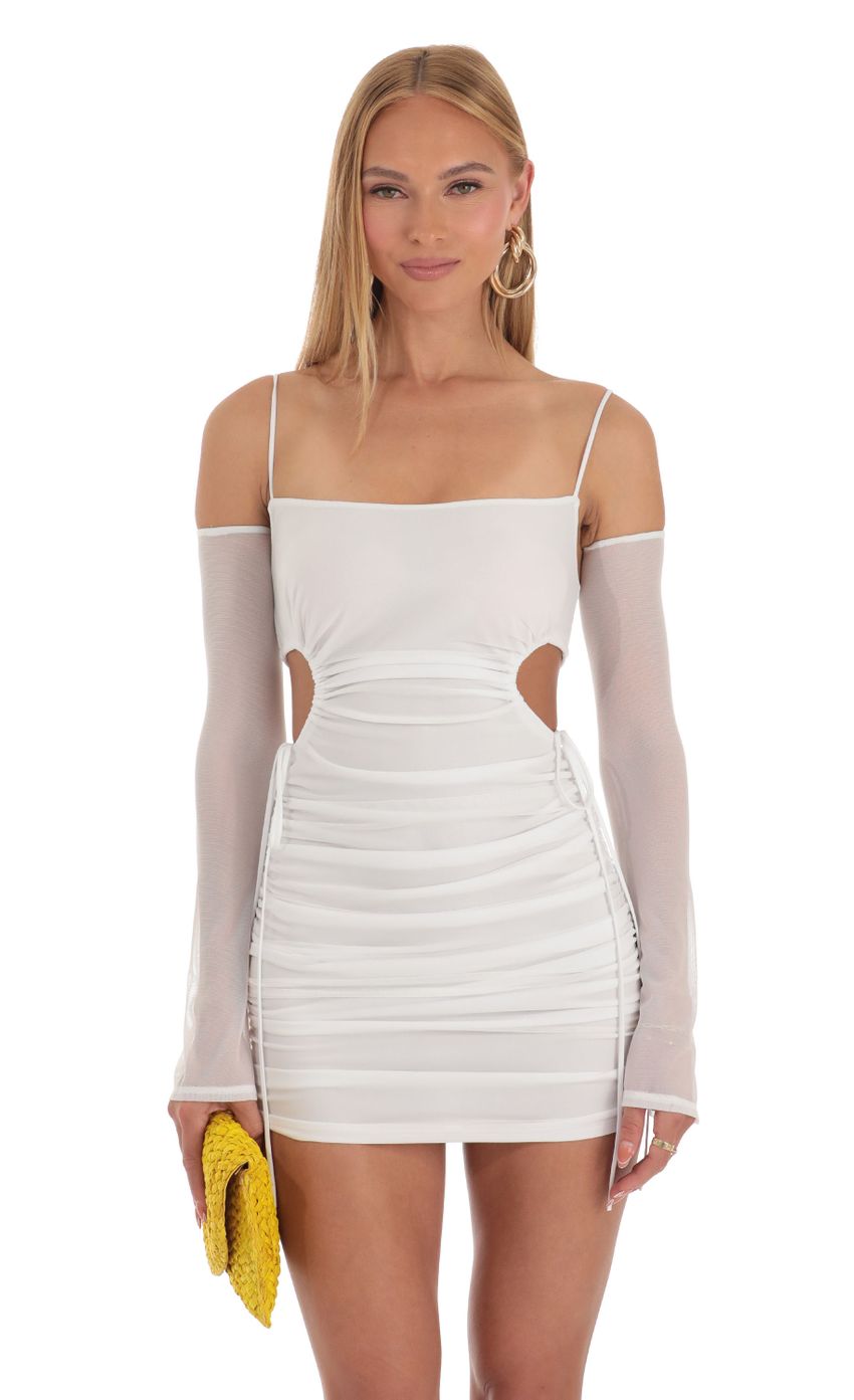 Picture Ruched Cut Out Dress in White. Source: https://media-img.lucyinthesky.com/data/Apr23/850xAUTO/9263bfd6-af1d-4afb-84d4-4e123585236d.jpg