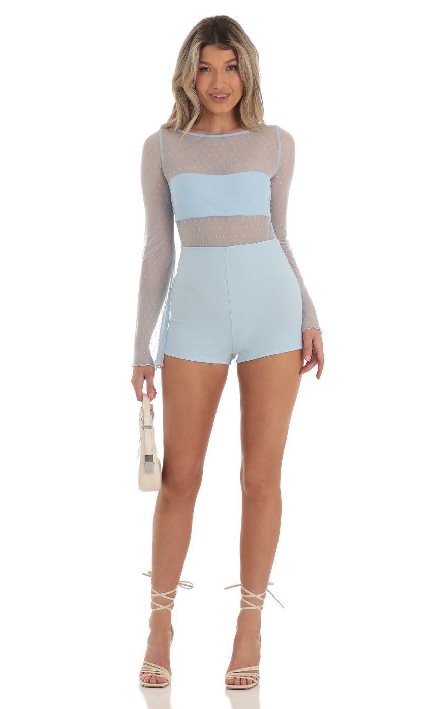 Picture Mesh Dotted Open Back Romper in Blue. Source: https://media-img.lucyinthesky.com/data/Apr23/850xAUTO/9408bdea-597f-4ad2-87f2-4e3f5b1c8aff.jpg