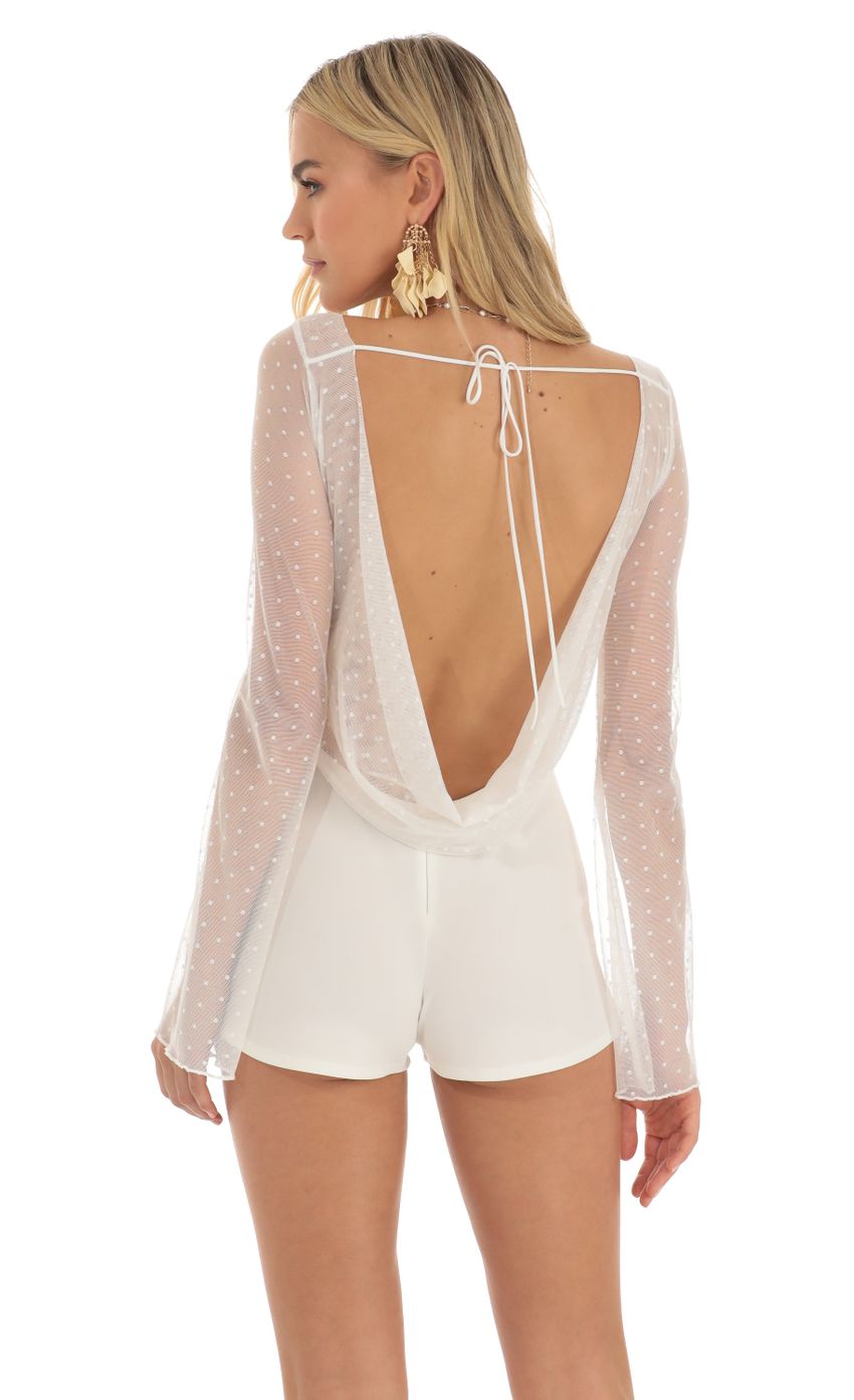 Picture Mesh Dotted Open Back Romper in White. Source: https://media-img.lucyinthesky.com/data/Apr23/850xAUTO/94dfaf04-367c-4d41-b300-64e9171ec2d8.jpg