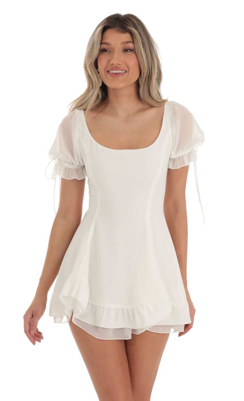 Picture Chiffon Puff Sleeve Fit and Flare Dress in White. Source: https://media-img.lucyinthesky.com/data/Apr23/850xAUTO/94ebcea0-1f7f-471a-83a5-daab22a4be43.jpg