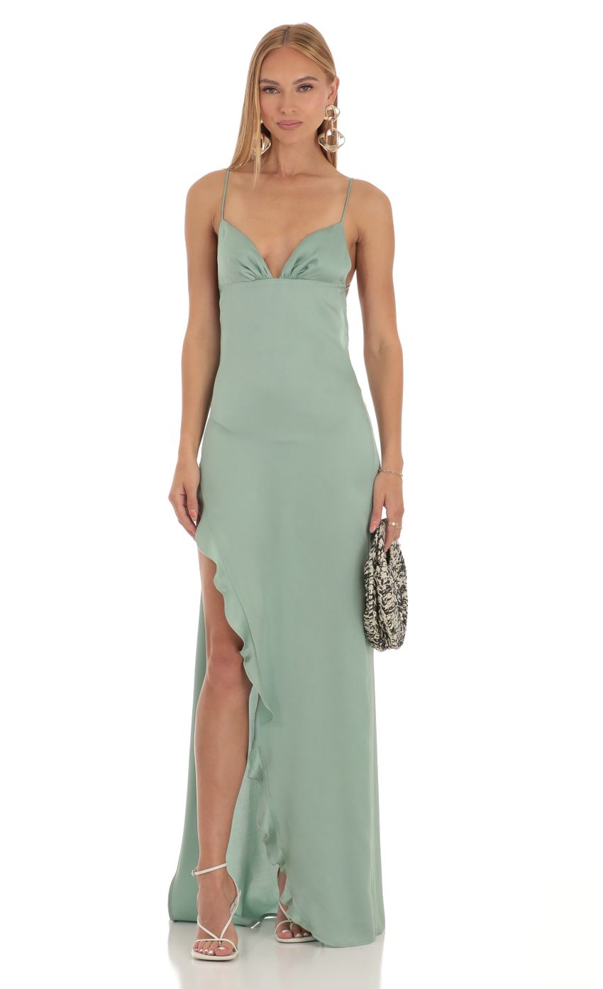 Picture Satin Ruffle Maxi Dress in Sage. Source: https://media-img.lucyinthesky.com/data/Apr23/850xAUTO/a420f334-d716-4bbf-8312-2c40ca4cfb85.jpg