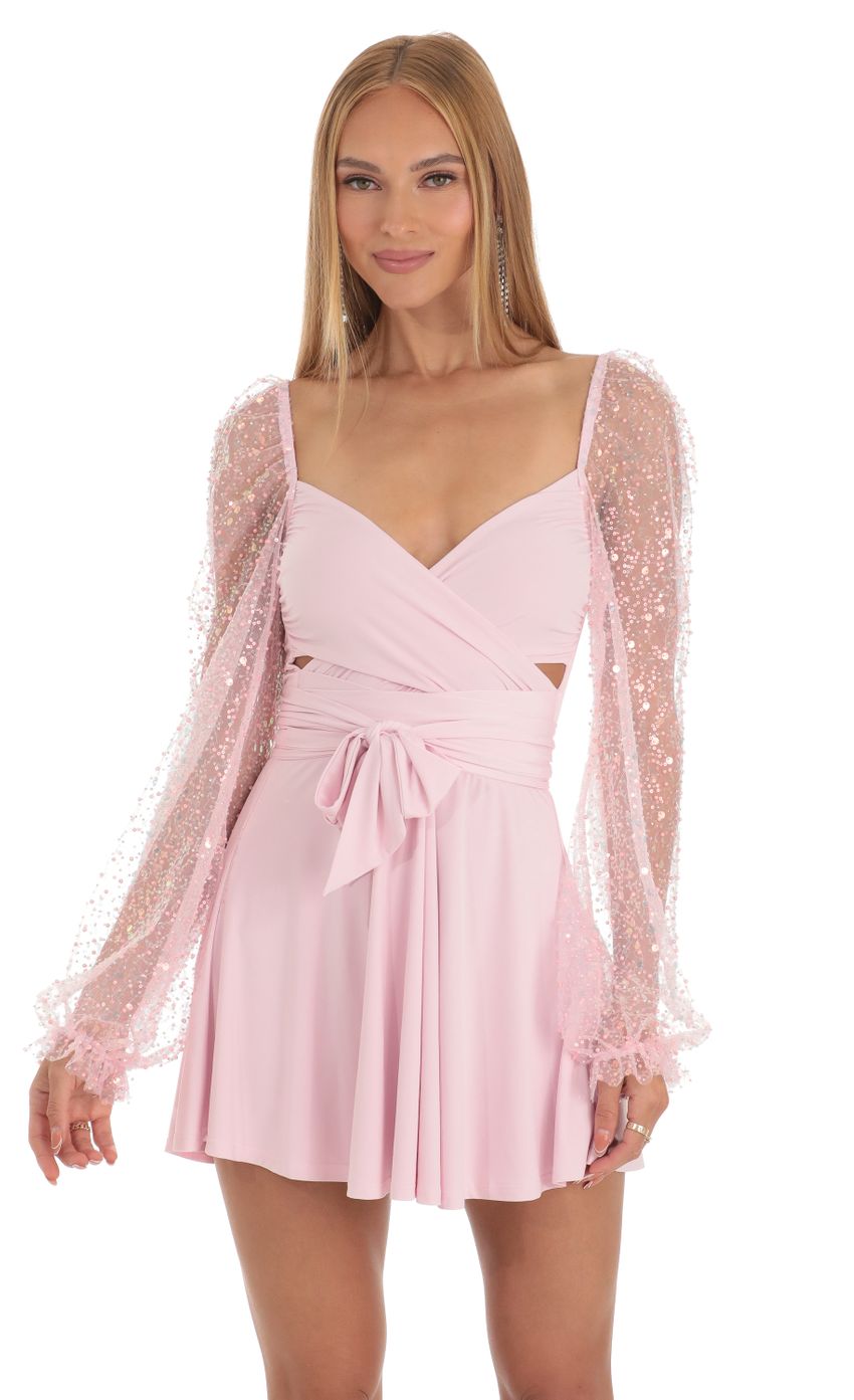 Picture Sequin Puff Wrap Dress in Pink. Source: https://media-img.lucyinthesky.com/data/Apr23/850xAUTO/bba1f1b4-94bb-42b8-a11a-9252b1eb6d12.jpg