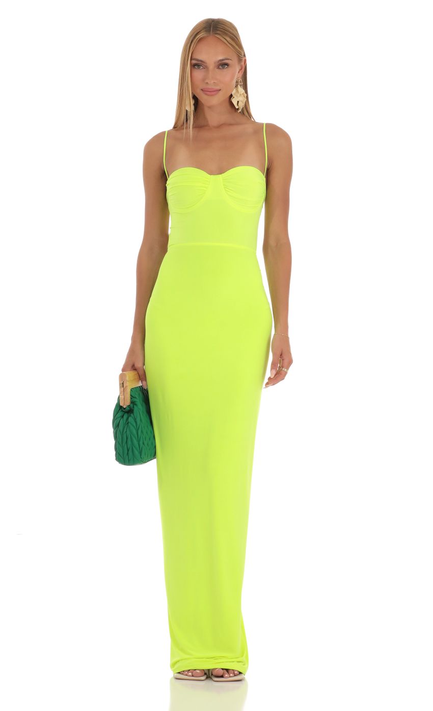 Picture Ruched Maxi Dress in Neon Green. Source: https://media-img.lucyinthesky.com/data/Apr23/850xAUTO/ce76a5c9-cb59-4945-8bee-6c6f1c2c84a9.jpg