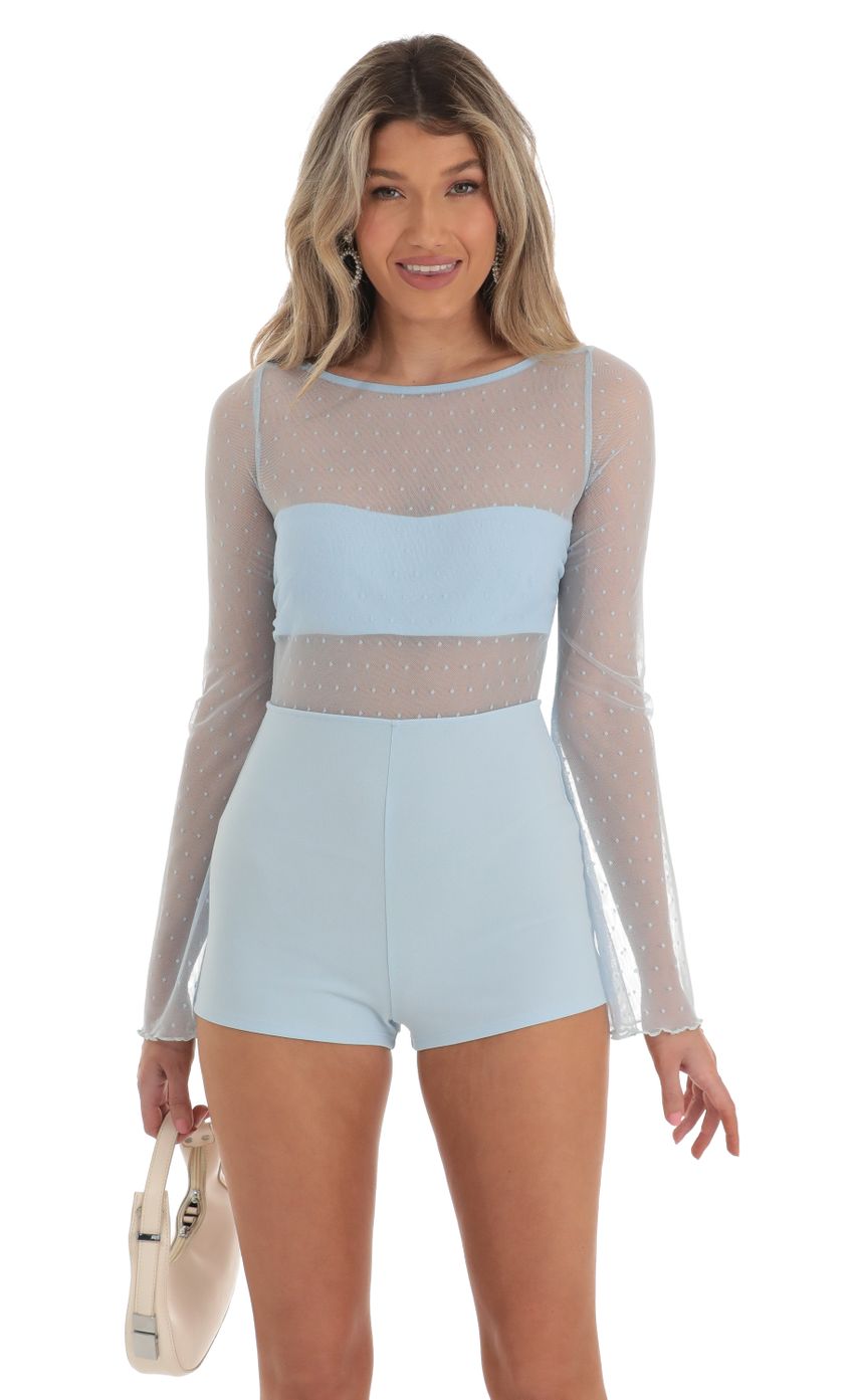 Picture Mesh Dotted Open Back Romper in Blue. Source: https://media-img.lucyinthesky.com/data/Apr23/850xAUTO/d0be0799-36eb-4047-a53b-d94eb6ec3817.jpg