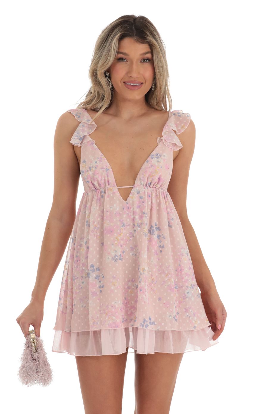 Picture Yuki Floral Dotted Chiffon Flare Dress in Pink. Source: https://media-img.lucyinthesky.com/data/Apr23/850xAUTO/e949beb8-d19e-4161-994d-14432f1b083e.jpg