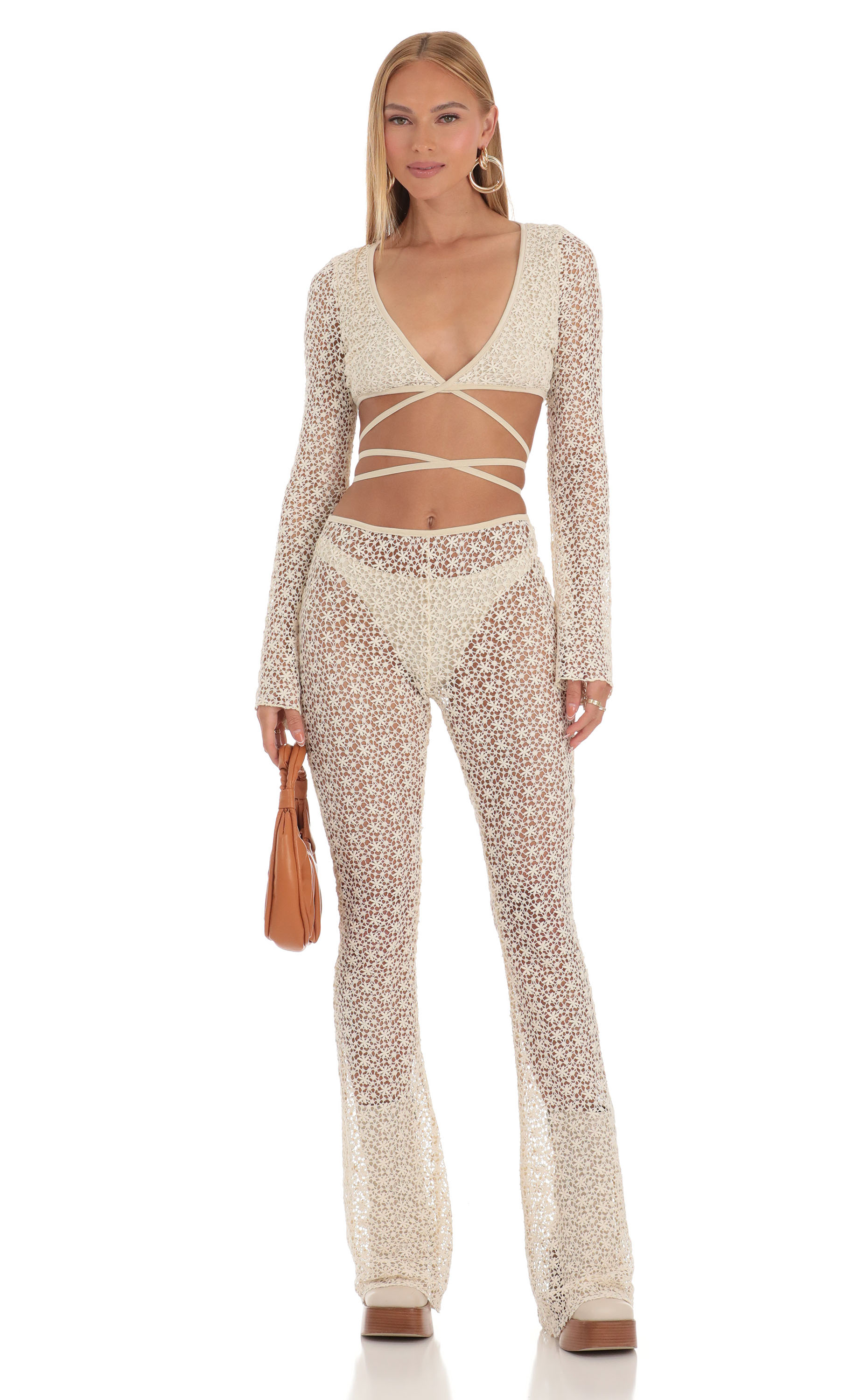 Embroidered Three Piece Pants Set in Ivory