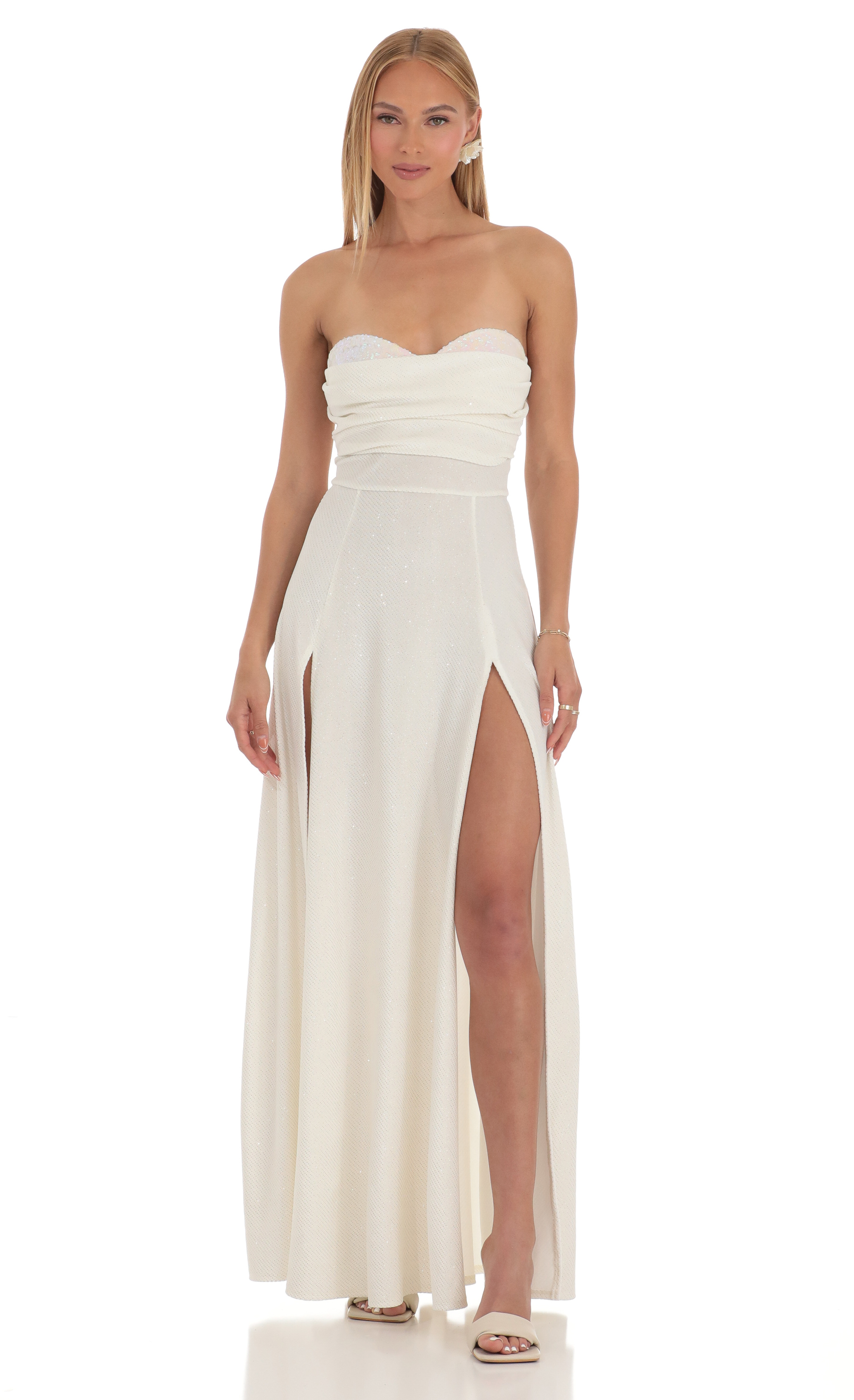 Shimmer Sequin Velvet Maxi Dress in White